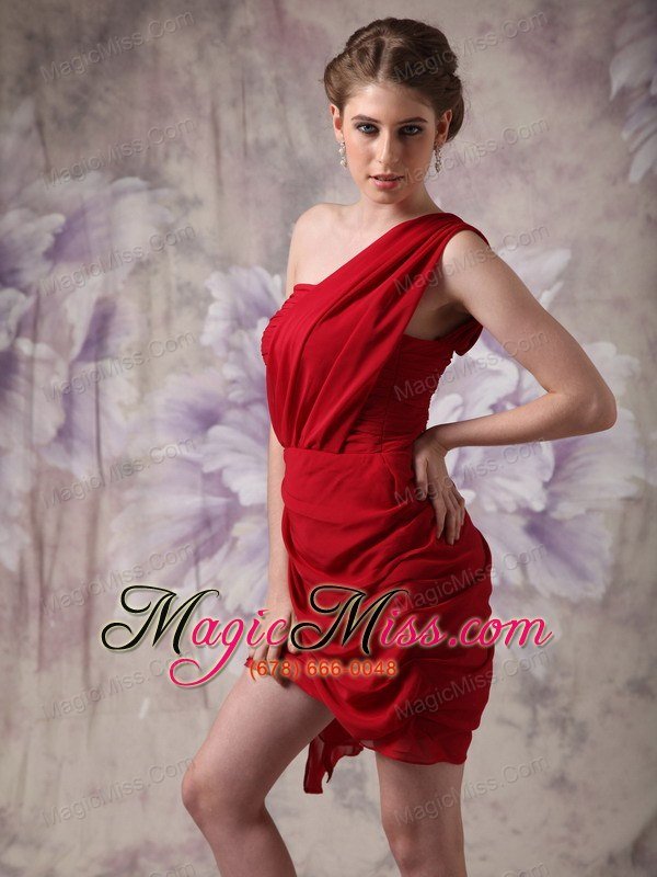 wholesale low price red column one shoulder prom dress chiffon ruch mini-length