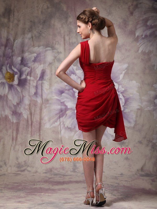 wholesale low price red column one shoulder prom dress chiffon ruch mini-length
