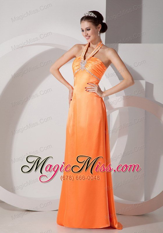 wholesale popular orange red column halter evening dress satin beading and ruch floor-length