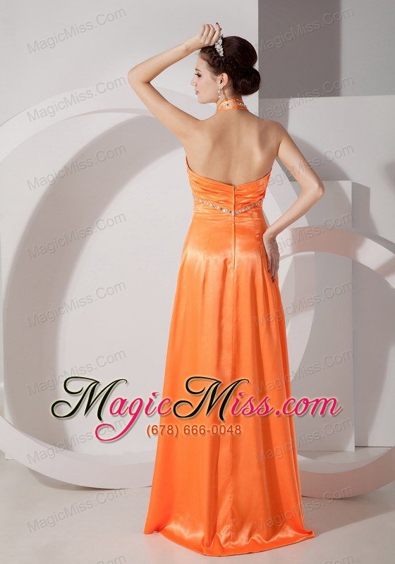 wholesale popular orange red column halter evening dress satin beading and ruch floor-length