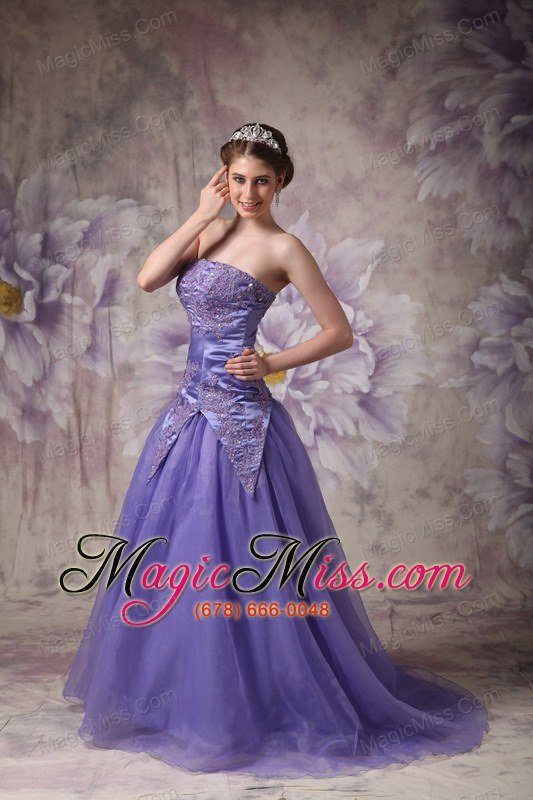 wholesale lilac a-line strapless brush train organza appliques prom / evening dress