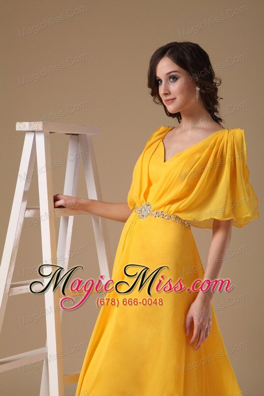 wholesale yellow empire v-neck floor-length chiffon beading prom dress