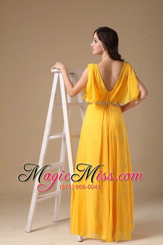 wholesale yellow empire v-neck floor-length chiffon beading prom dress