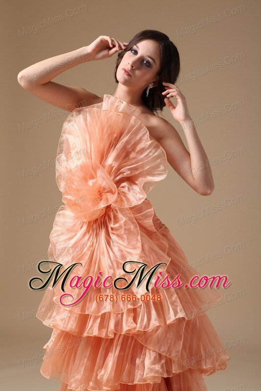wholesale orange red a-line strapless brush train organza pleat prom dress