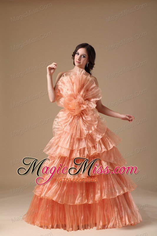 wholesale orange red a-line strapless brush train organza pleat prom dress
