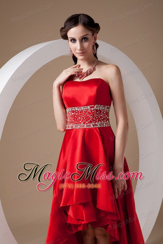 wholesale high-low red a-line prom dress strapless elastic wove satin beading