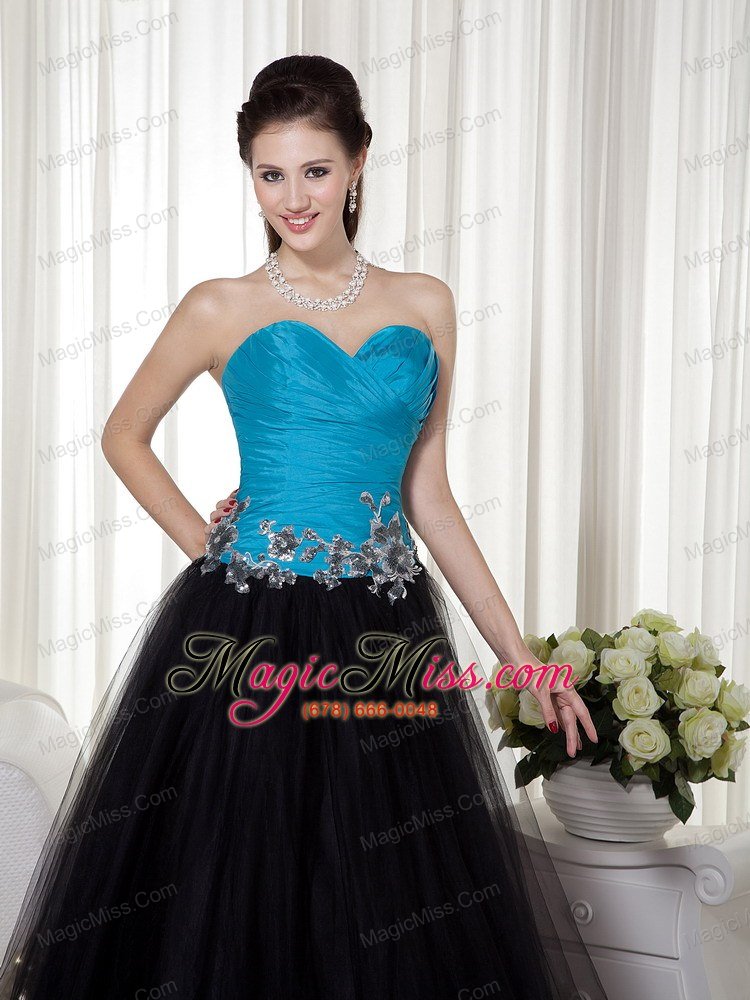 wholesale blue and black a-line sweetheart floor-length taffeta and tulle appliques prom dress