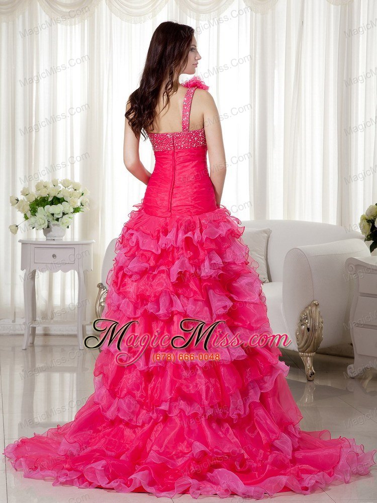 wholesale hot pink a-line one shoulder brush train organza beading prom / evening dress