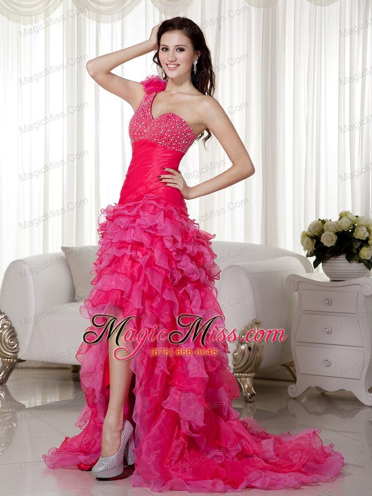 wholesale hot pink a-line one shoulder brush train organza beading prom / evening dress