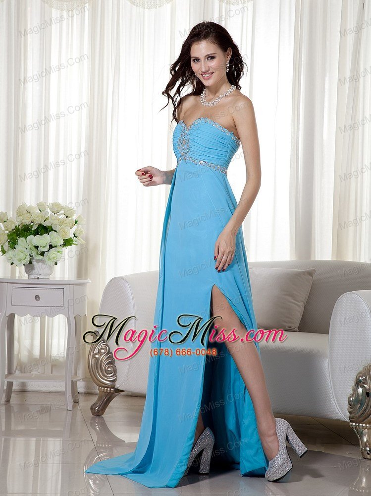 wholesale baby blue empire sweetheart brush train chiffon beading and ruch prom / celebrity dress