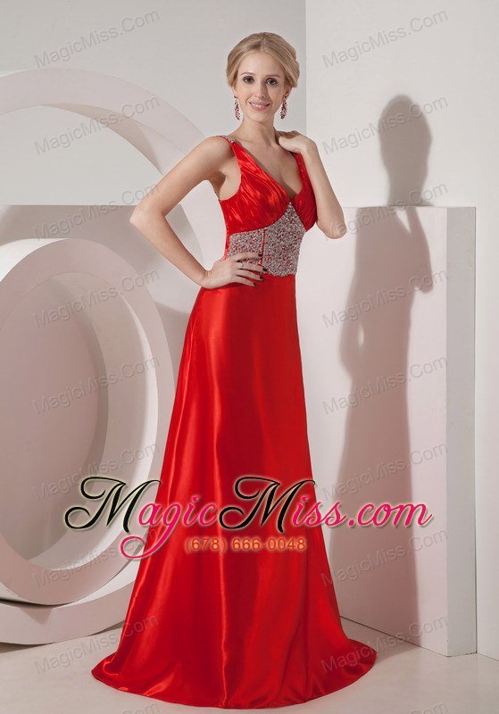 wholesale red a-line v-neck brush train silk like satin beading prom dress