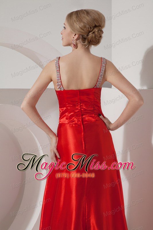 wholesale red a-line v-neck brush train silk like satin beading prom dress