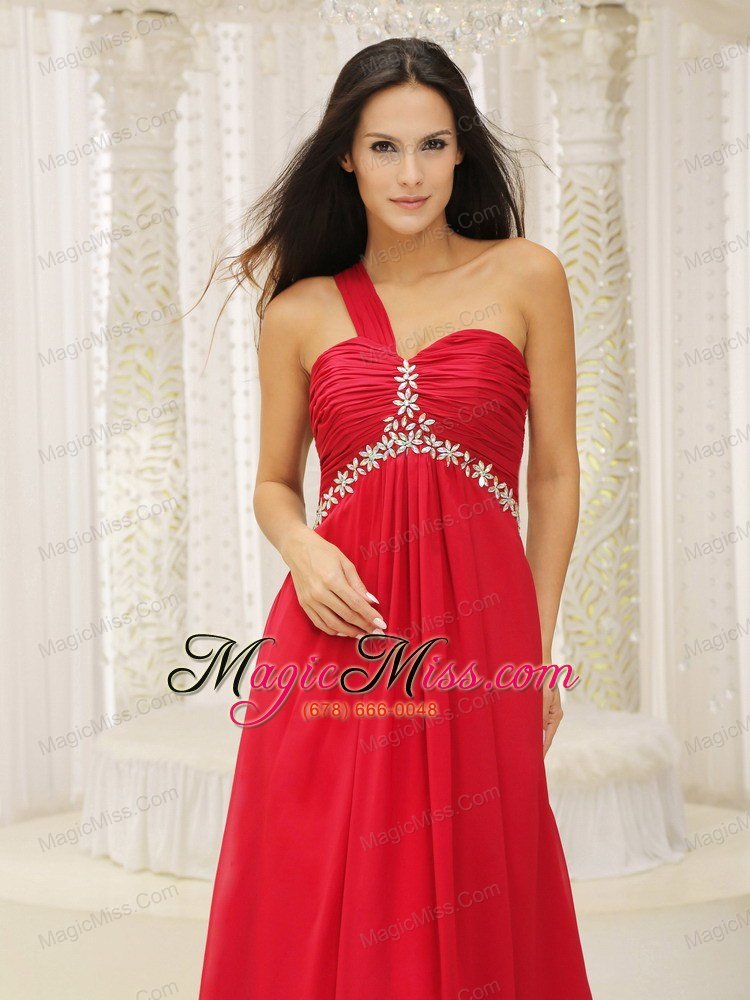 wholesale one shouder red and natural waist ruched appliques chiffon promn dress