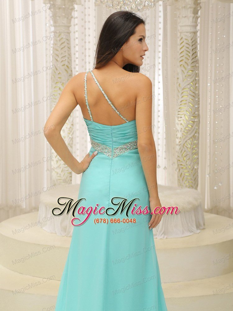 wholesale beaded decorate one shoulder ruched bodice high slit for prom dress custom made