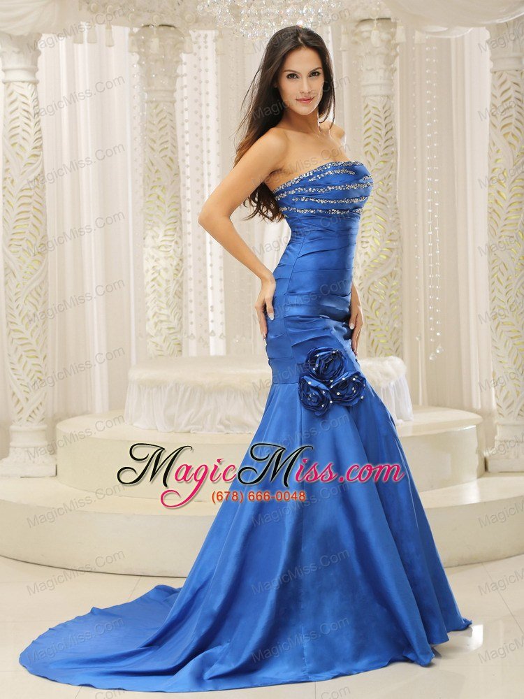 wholesale mermaid royal blue and court train for prom dress beaded decorate bust hand made flowers