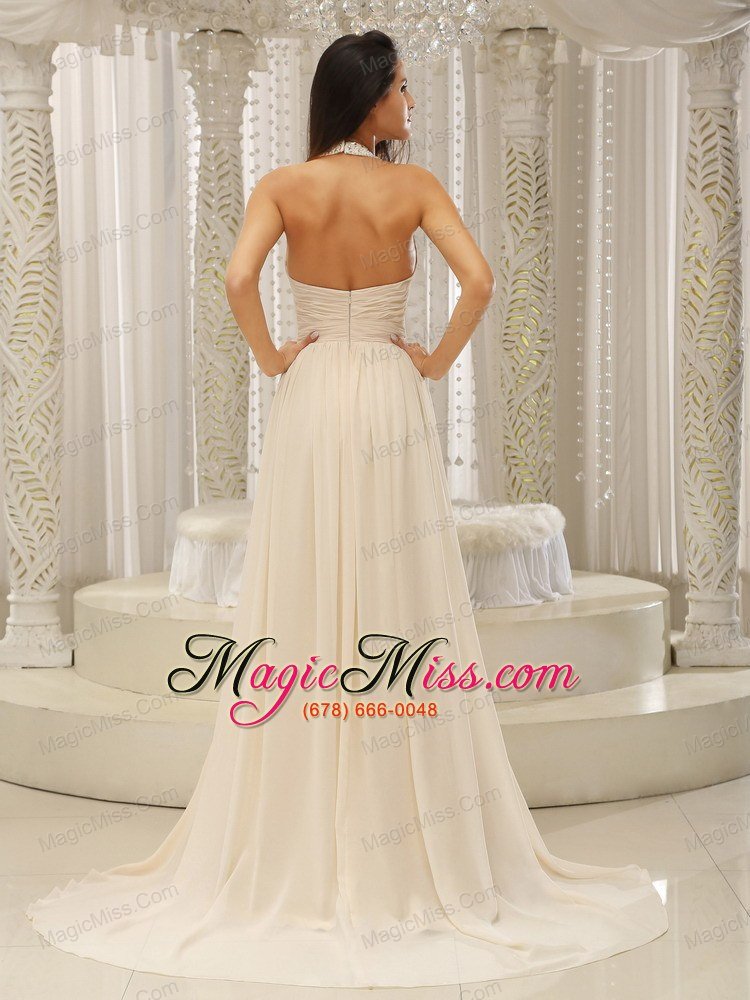 wholesale halter top with beaded ruched bodice for beautiful prom dress customize