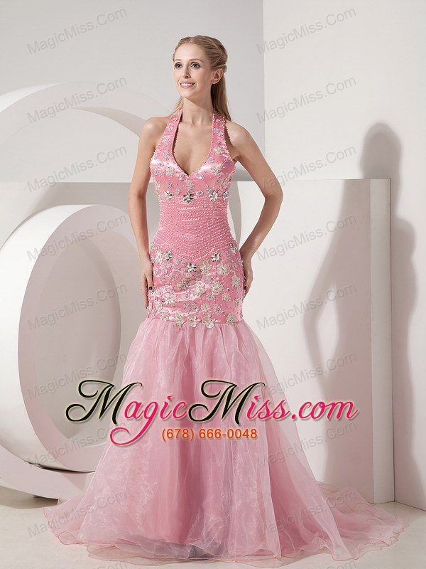 wholesale pink mermaid halter court train organza and taffeta beading and appliques prom dress
