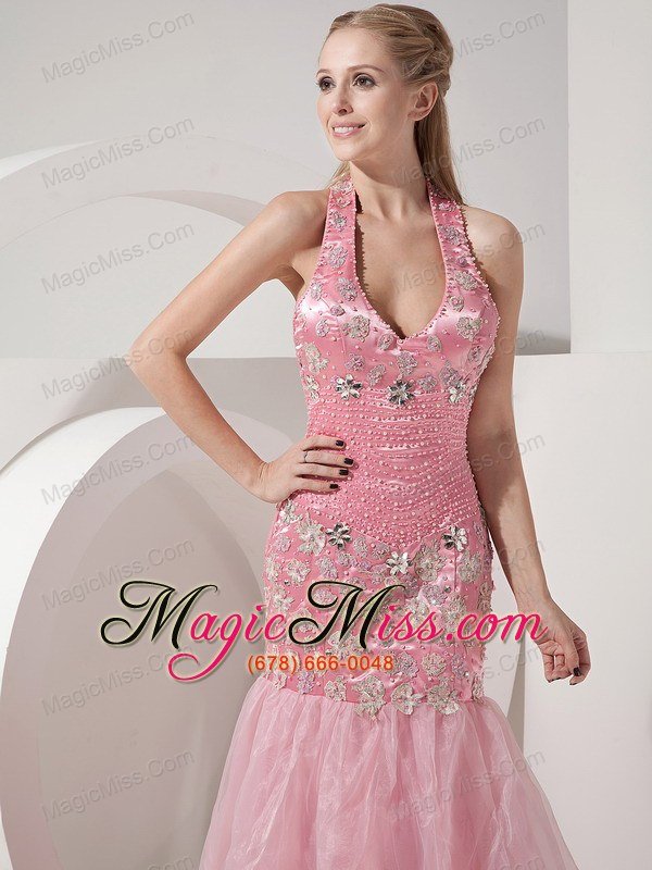 wholesale pink mermaid halter court train organza and taffeta beading and appliques prom dress