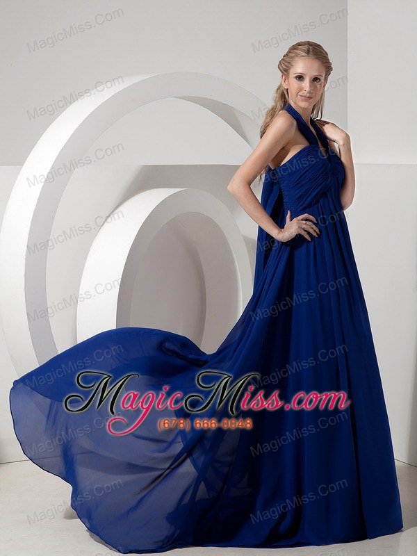 wholesale cheap sexy navy blue halter top watteau train prom dress