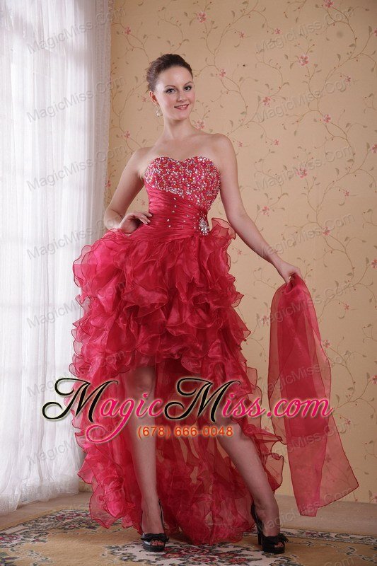 wholesale red column sweetheart high-low organza beading prom / cocktail dress