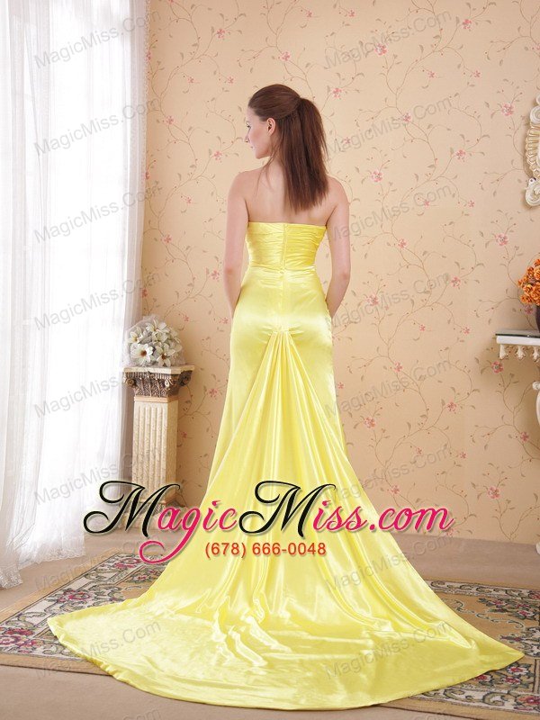 wholesale light yellow column/sheath sweetheart watteau train elastic woven satin beading prom dress