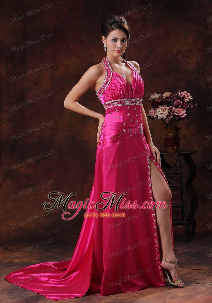 wholesale high slit hot pink prom dress with halter beaded decorate in orange beach alabama