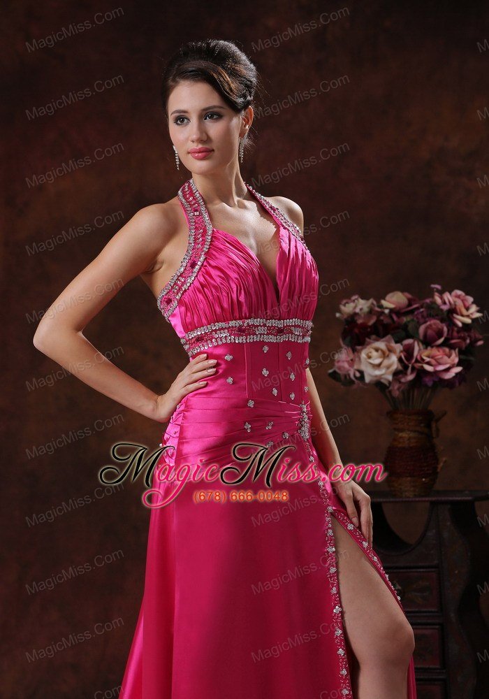 wholesale high slit hot pink prom dress with halter beaded decorate in orange beach alabama