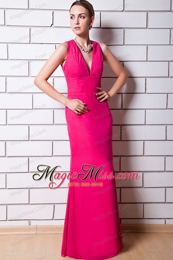 wholesale hot pink column v-neck prom dress chiffon floor-length