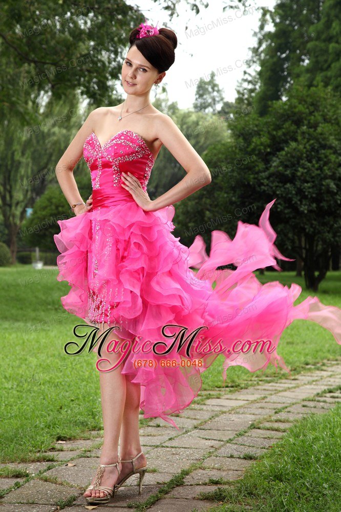 wholesale hot pink column sweetheart high-low organza beading prom / homecoming dress