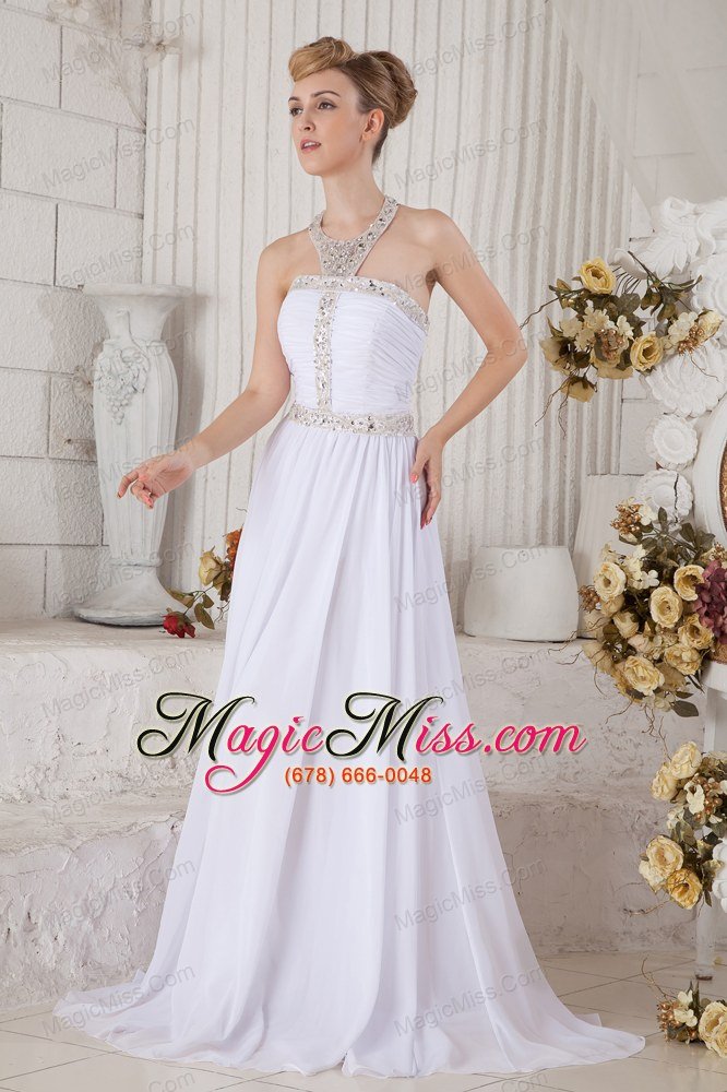 wholesale unique white halter top chiffon prom dress with beading