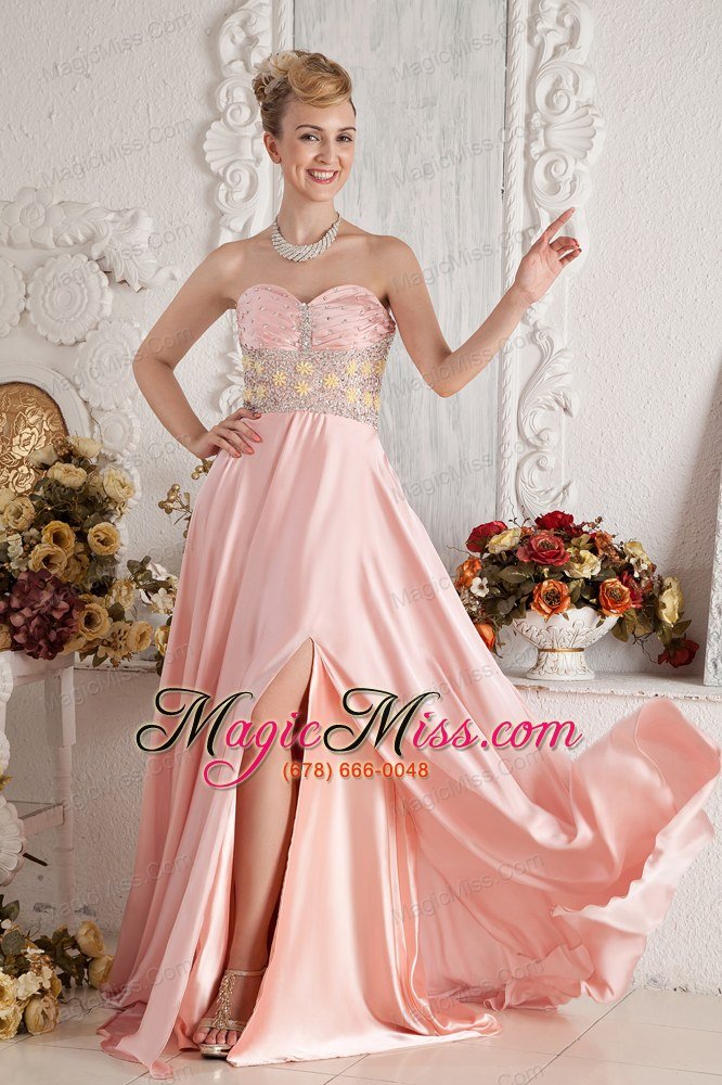 wholesale baby pink empire sweetheart chiffon beading prom dress brush train