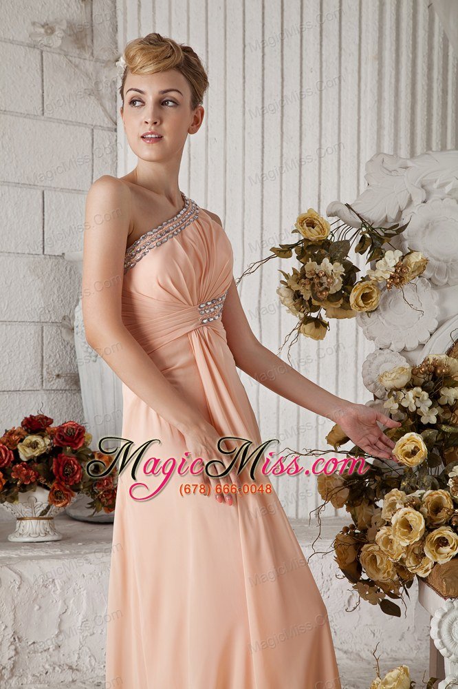 wholesale beautiful peach color one shoulder prom dress brush train chiffon beading