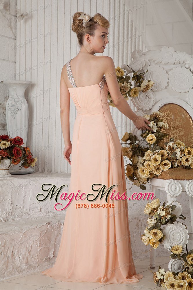 wholesale beautiful peach color one shoulder prom dress brush train chiffon beading