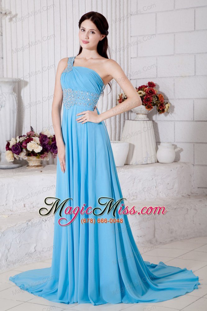wholesale aqua blue empire one shoulder prom dress chiffon beading brush train