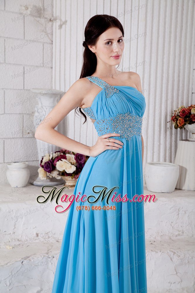 wholesale aqua blue empire one shoulder prom dress chiffon beading brush train