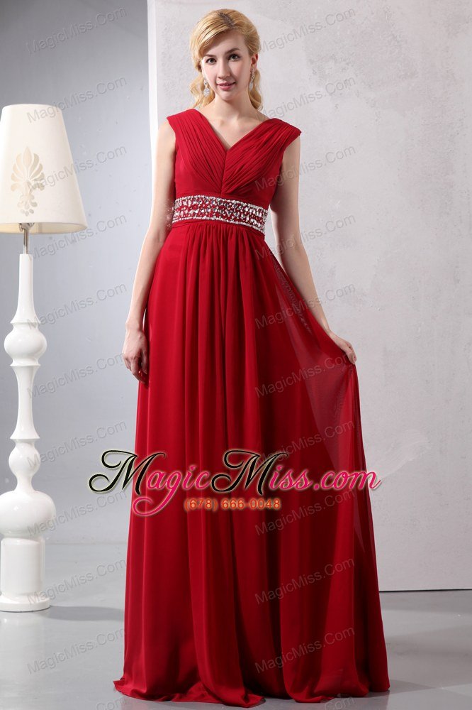 wholesale modest wine red empire v-neck plus size prom dress floor-length chiffon beading