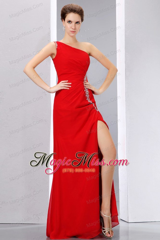 wholesale cheap red prom dress column one shoulder beading floor-length chiffon