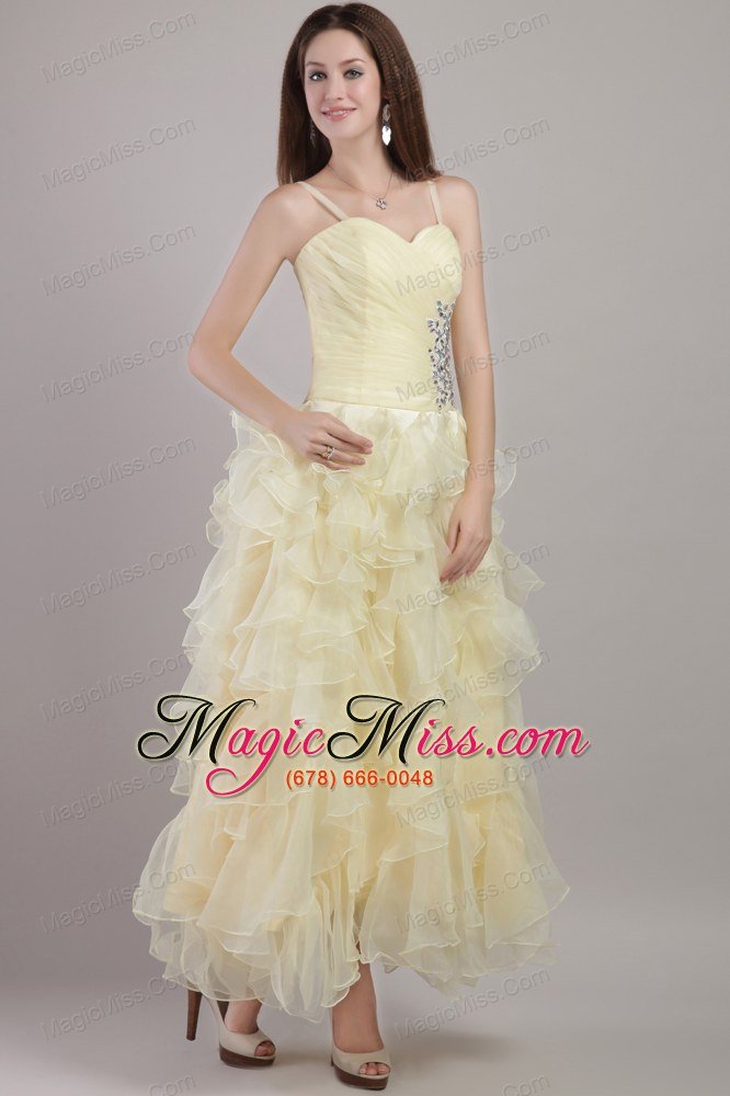 wholesale light yellow empire straps ankle-length organza beading prom / evening dress