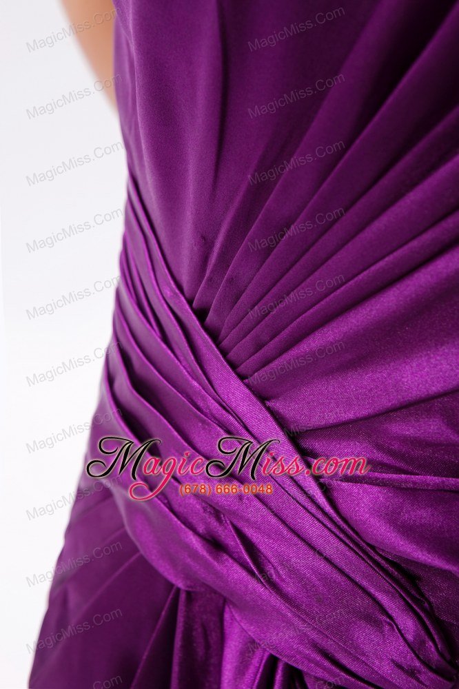 wholesale eggplant purple column asymmetrical brush train chiffon ruch and beading evening dress
