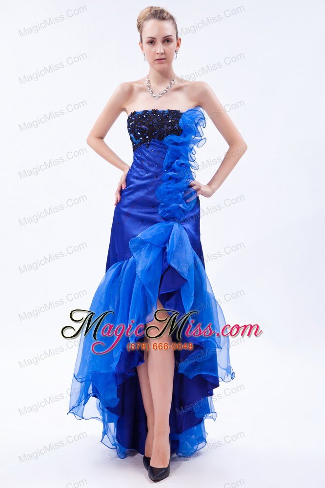 wholesale royal blue mermaid strapless high-low prom dress organza appliques