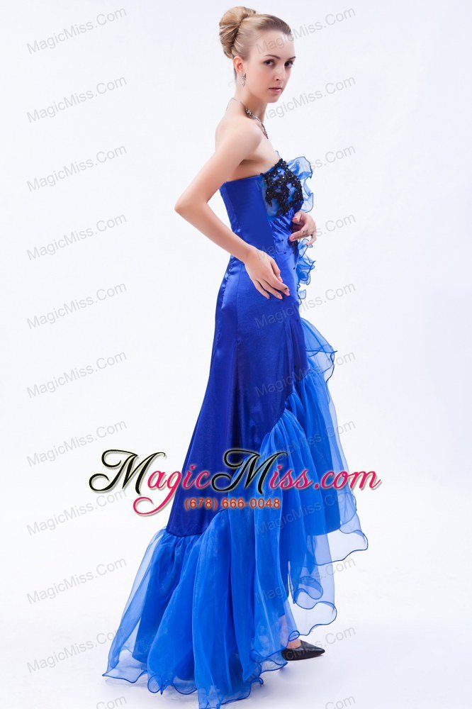 wholesale royal blue mermaid strapless high-low prom dress organza appliques