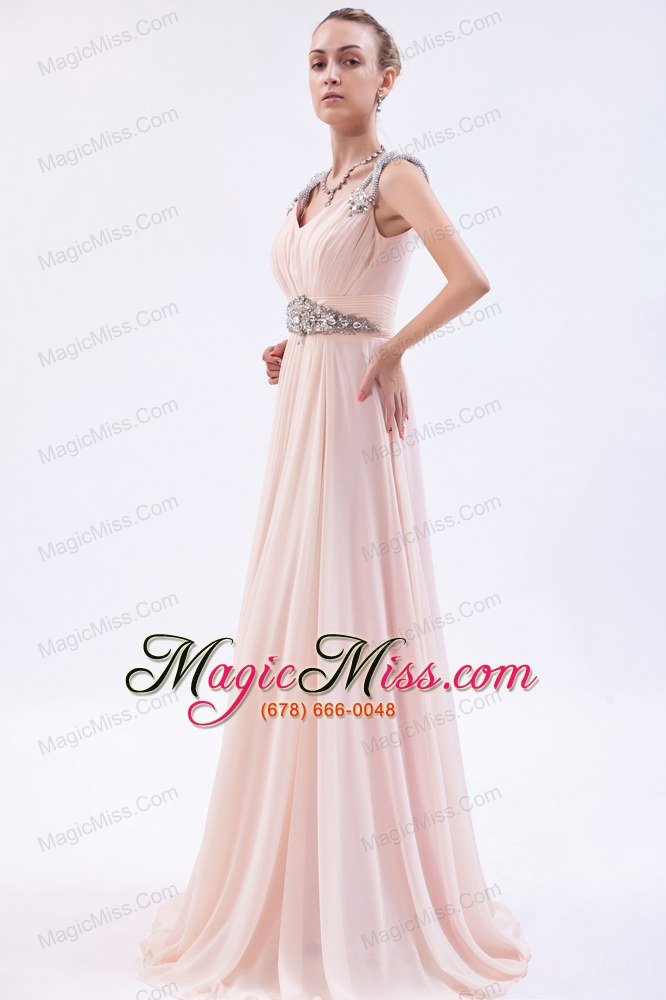 wholesale pink empire straps prom dress chiffon beading brush train