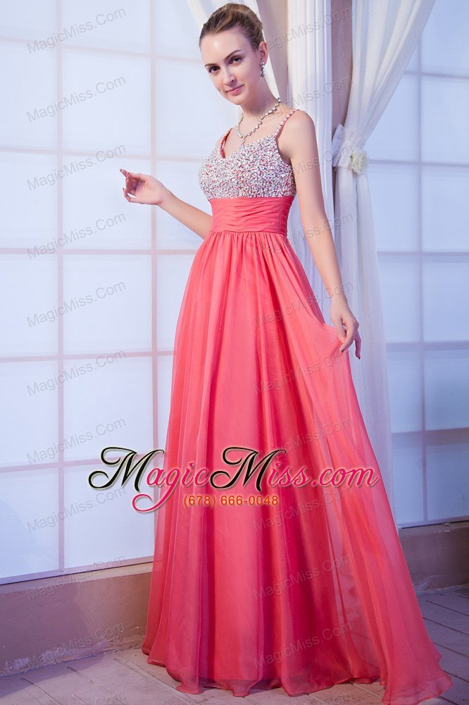 wholesale hot pink empire straps brush train chiffon beading prom dress