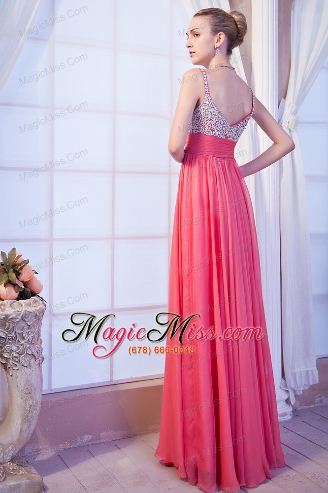 wholesale hot pink empire straps brush train chiffon beading prom dress