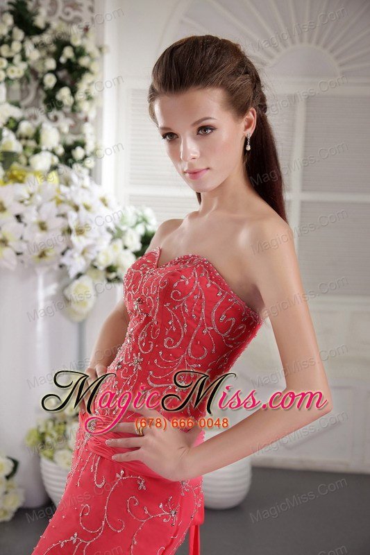 wholesale coral red column sweetheart court train chiffon appliques prom / evening dress