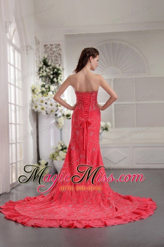 wholesale coral red column sweetheart court train chiffon appliques prom / evening dress
