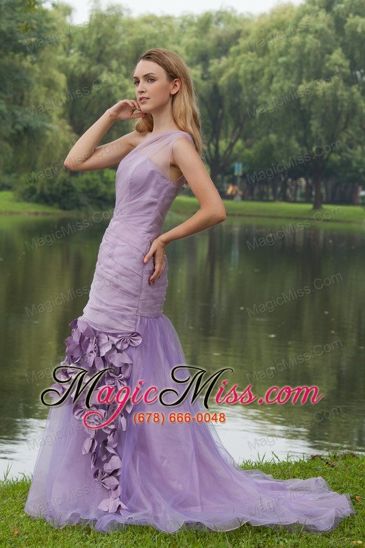 wholesale lilac column / sheath one shoulder sweep / brush organza hand flowers prom dress