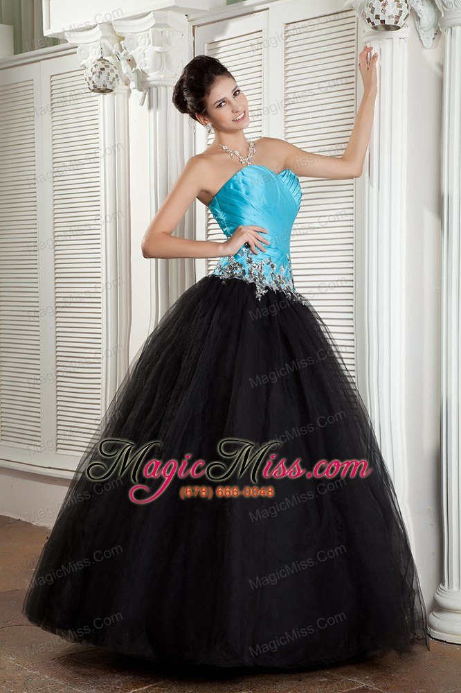 wholesale baby blue and black a-line sweetheart floor-length tulle appliques prom dress