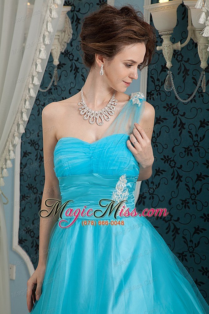 wholesale teal column one shoulder floor-length tulle and taffeta appliques prom dress