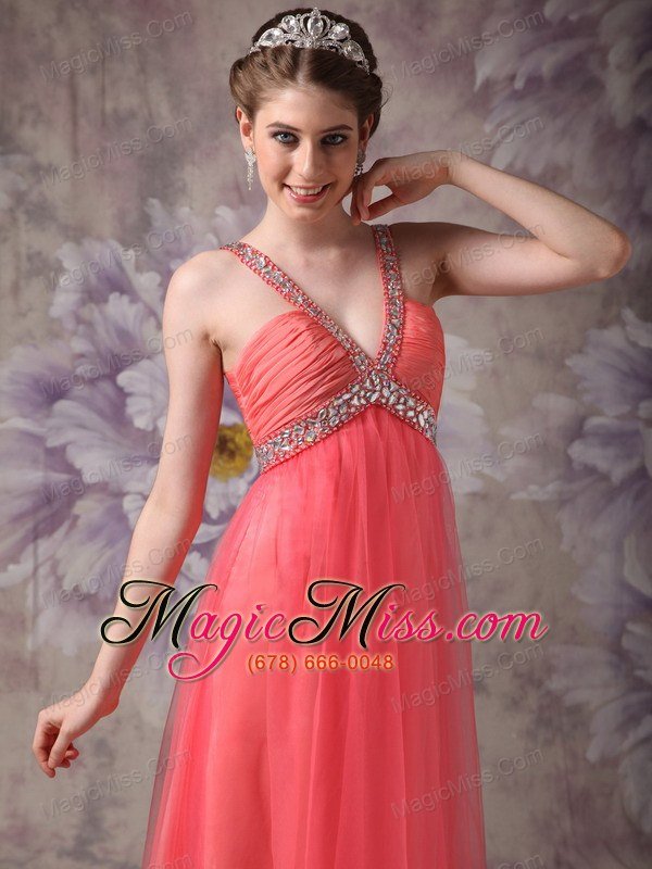 wholesale watemelon empire v-neck floor-length tulle beading prom / evening dress